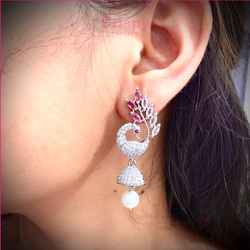 Elegant Peacock Design AD Earrings with Pearl Drops