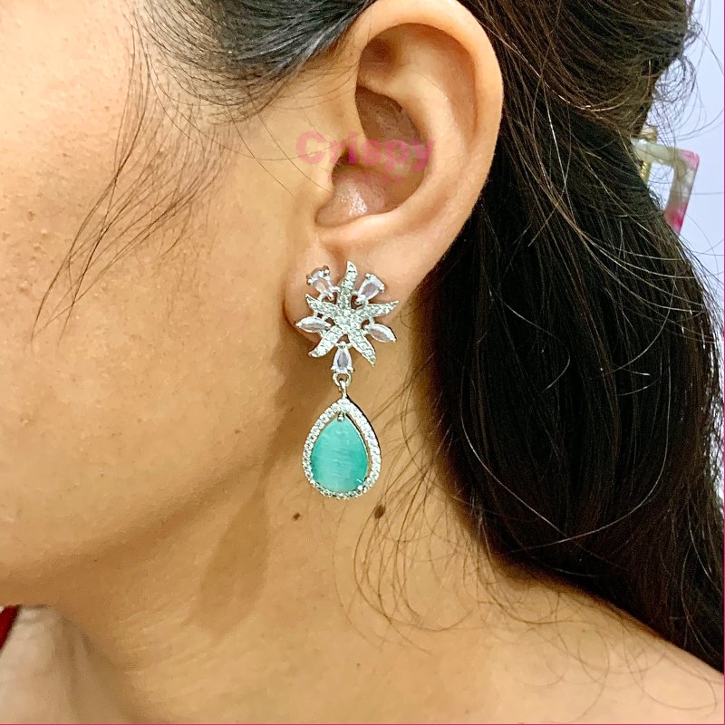 Silver Tone Zircon and Teal Gemstone Drop Earrings