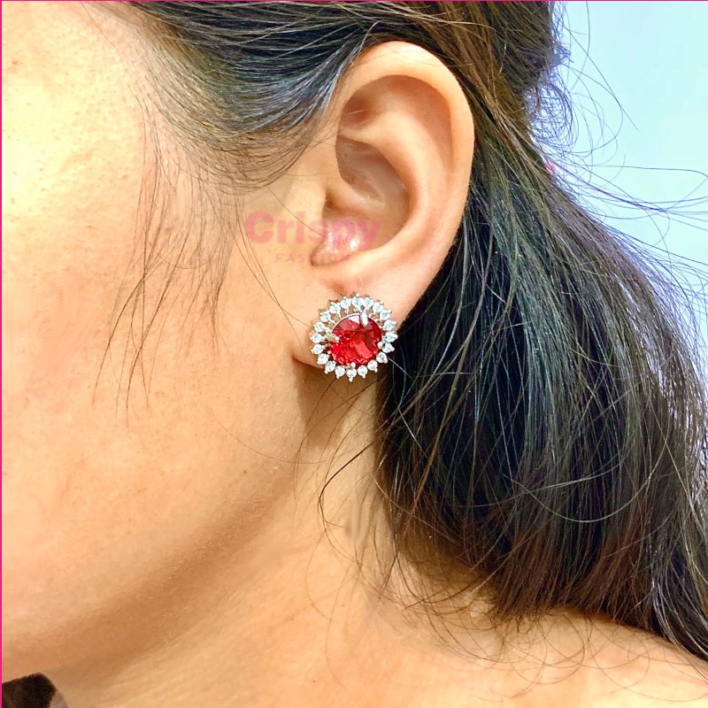 Ruby & Diamond Halo Stud Earring