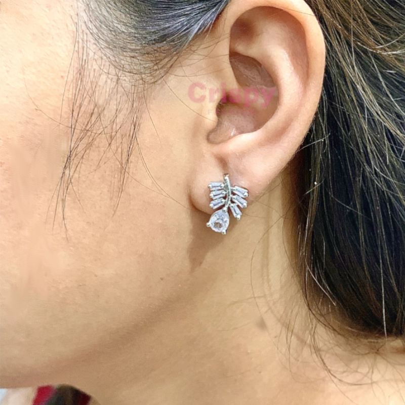 Leaf-Shaped Cubic Zirconia Stud Earrings