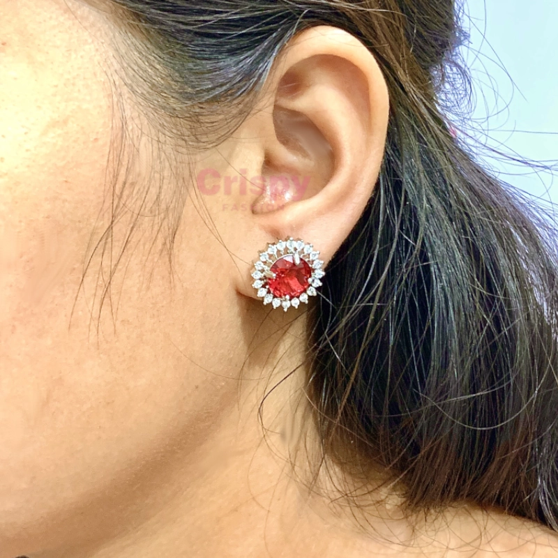 Ruby & Diamond Halo Stud Earring