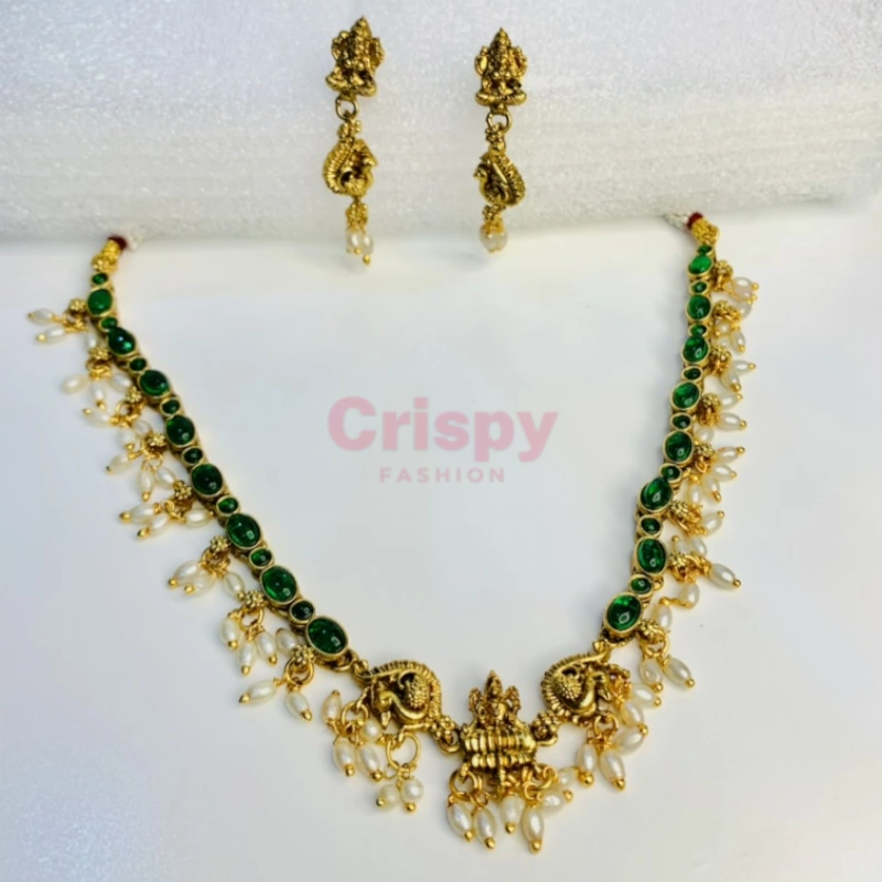 Traditional Temple Jewellery Gold-Plated Necklace with Green Stones & Pearl Drops