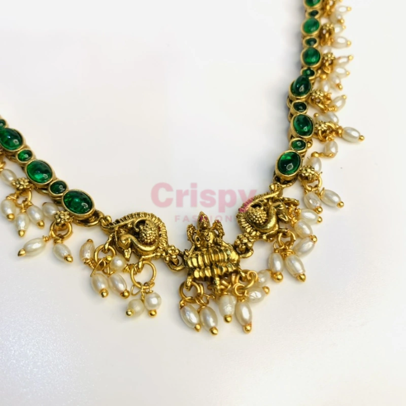 Traditional Temple Jewellery Gold-Plated Necklace with Green Stones & Pearl Drops