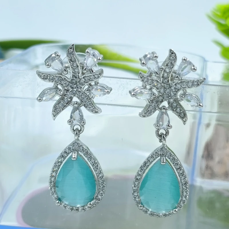 Silver Tone Zircon and Teal Gemstone Drop Earrings