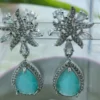 Silver Tone Zircon and Teal Gemstone Drop Earrings
