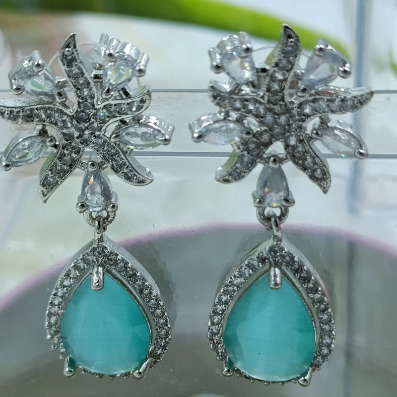 Silver Tone Zircon and Teal Gemstone Drop Earrings