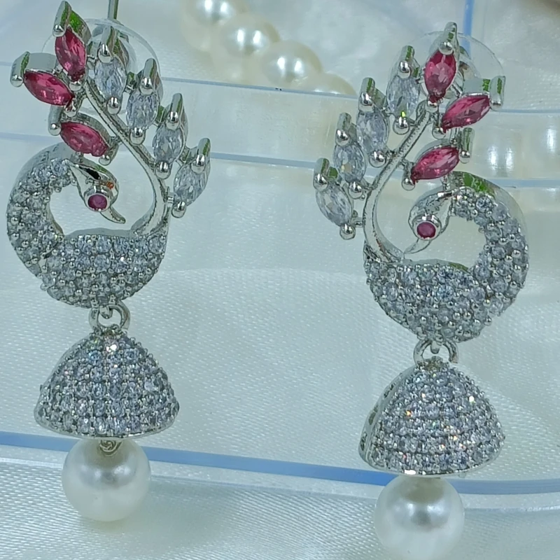Elegant Peacock Design AD Earrings with Pearl Drops