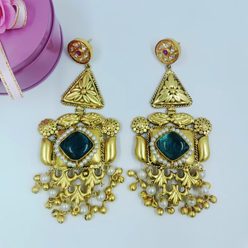 Antique Gold-Plated Brass Earring with Blue Stone and Pearls