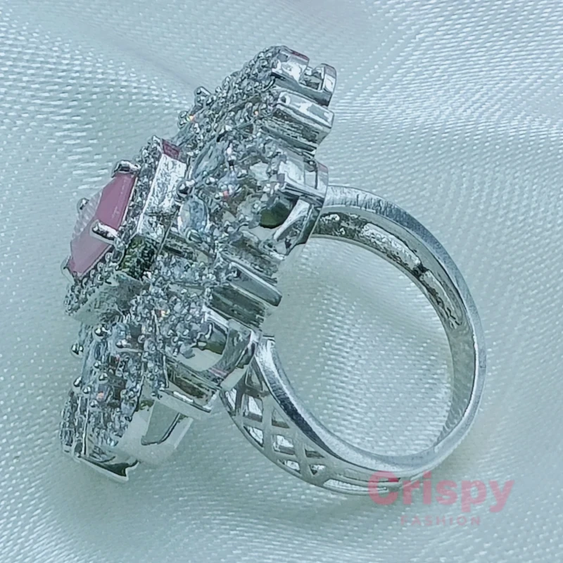 Pink Stone Embellished Silver-Toned Finger Ring