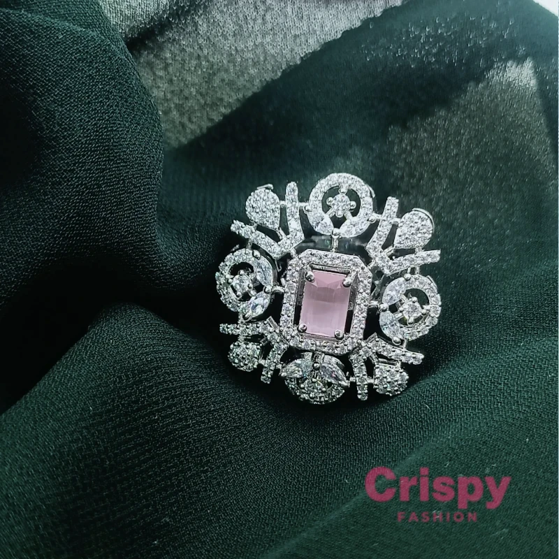 Pink Stone Embellished Silver-Toned Finger Ring