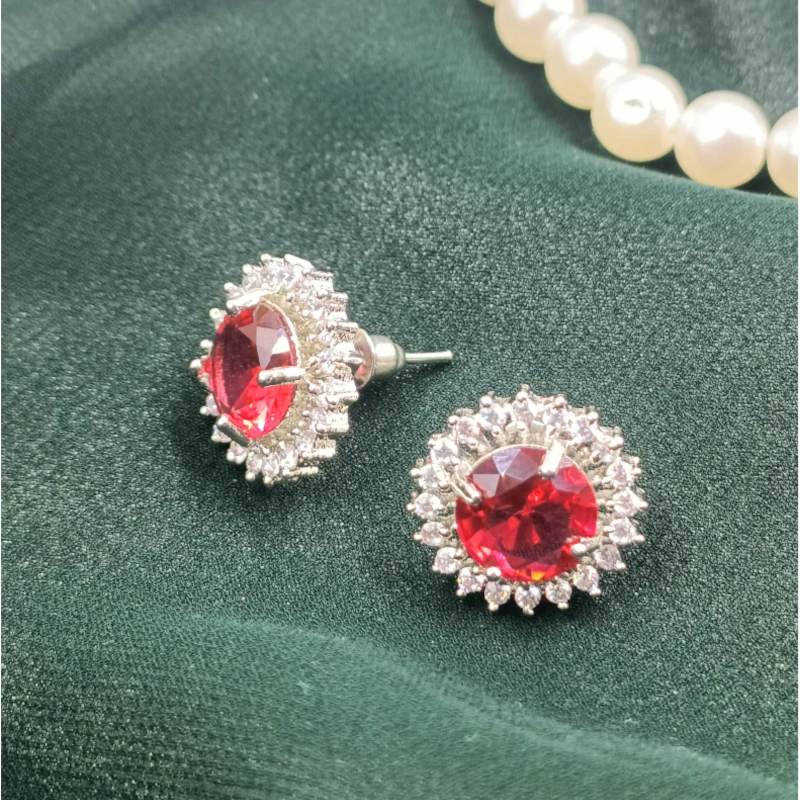 Ruby & Diamond Halo Stud Earring