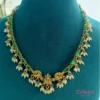 Golden-polished Necklace with Green Stones & Pearl Drops - Temple Jewellery