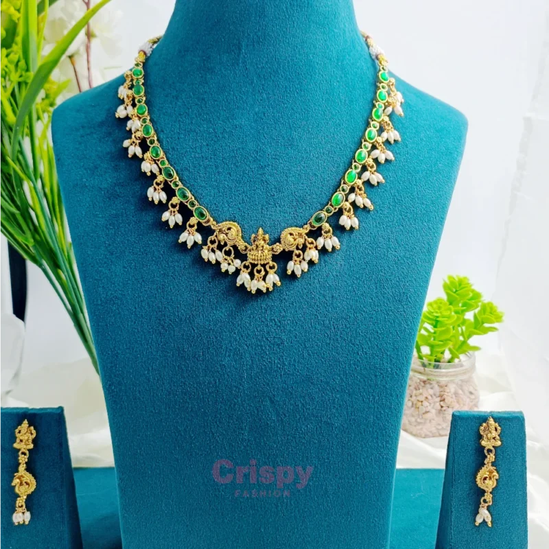 Golden-polished Necklace with Green Stones & Pearl Drops - Temple Jewellery