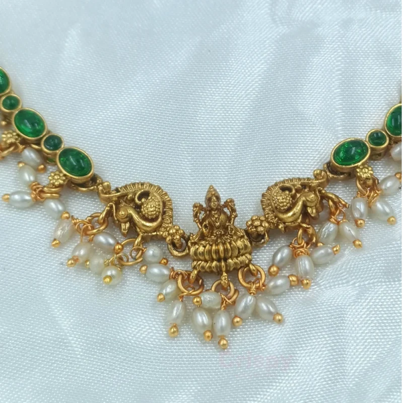 Golden-polished Necklace with Green Stones & Pearl Drops - Temple Jewellery