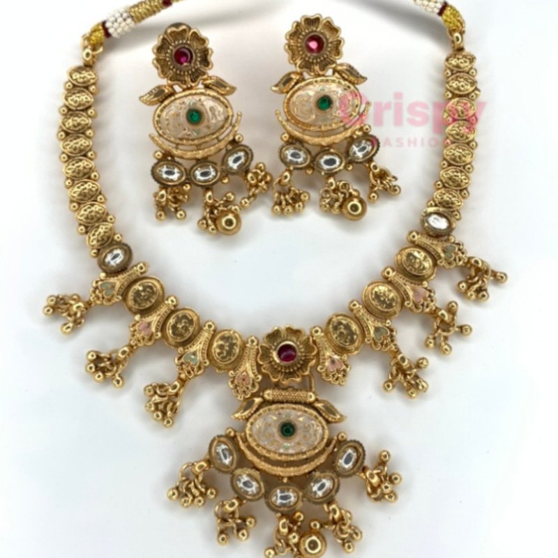 Rajwadi Kundan and Meenakari Antique Gold Plated Necklace Set with Earrings