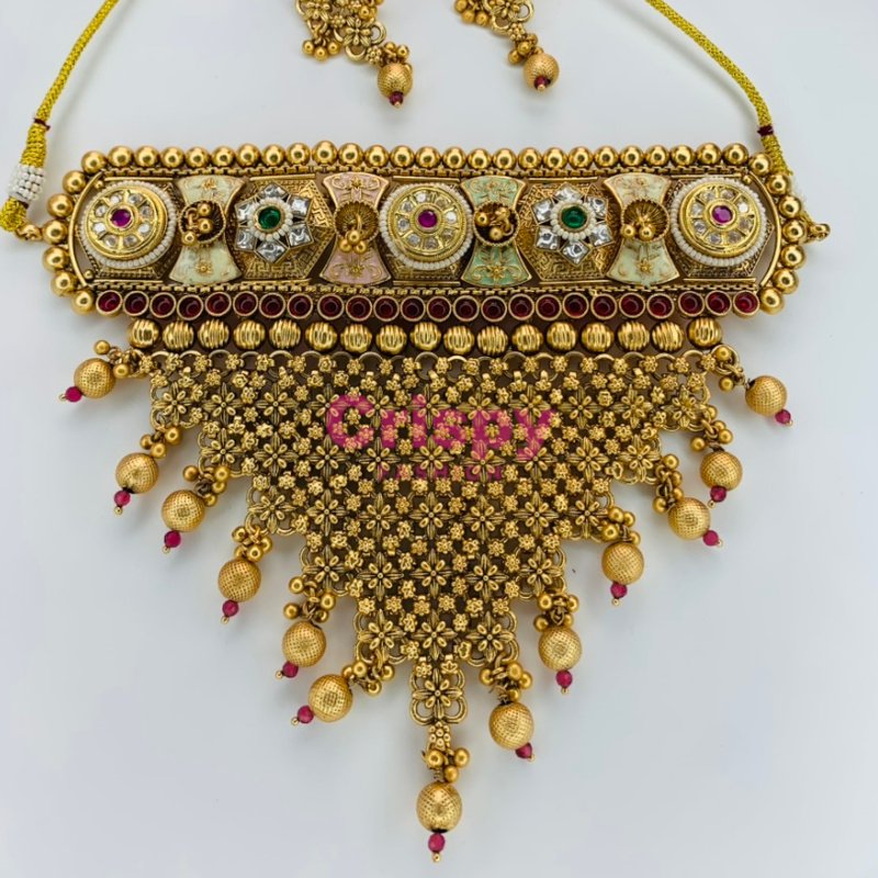 Rajwadi Meenakari and Kundan Golden Polished Choker Necklace Set with Earrings
