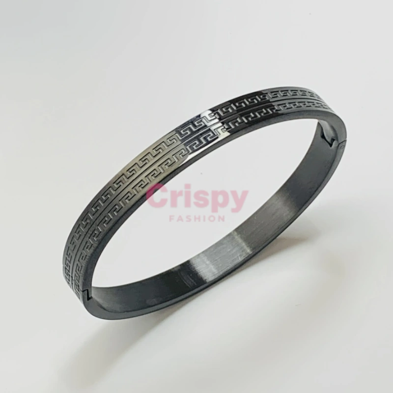 Men's Black Polished Stainless Steel Kada Bracelet with Greek Key Design