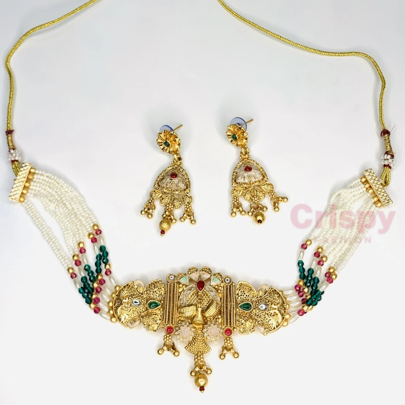 Golden Polished Pearl & Kundan Choker Set with Earrings