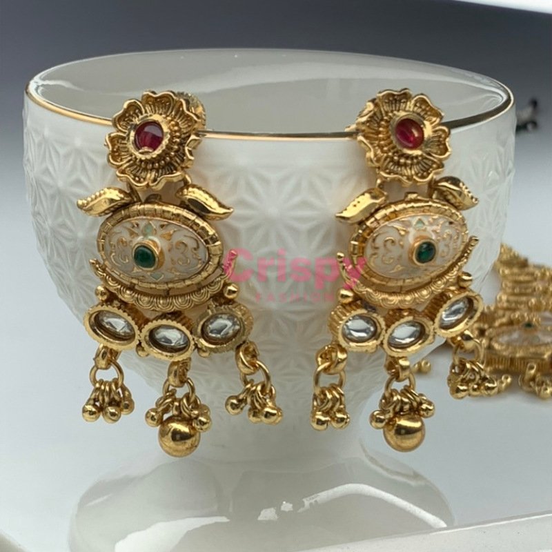 Rajwadi Kundan and Meenakari Antique Gold Plated Necklace Set with Earrings