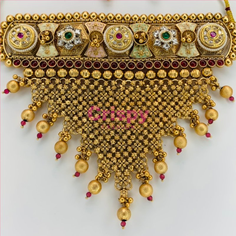 Rajwadi Meenakari and Kundan Golden Polished Choker Necklace Set with Earrings