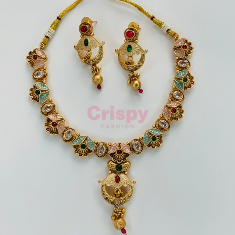 Rajwadi Meenakari Brass Necklace Set with Matching Earrings