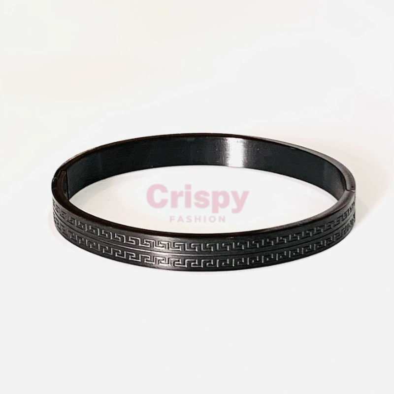 Men's Black Polished Stainless Steel Kada Bracelet with Greek Key Design
