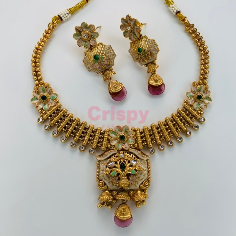 Traditional Meenakari Brass Golden Polished Choker Necklace Set with Earrings