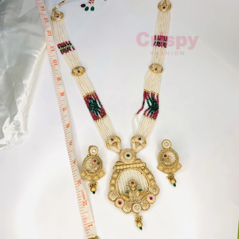 Multi-Strand Pearl Rajwadi Long Necklace with Meenakari Pendant