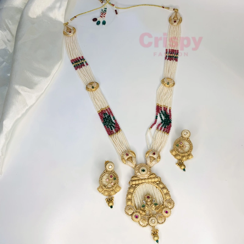 Multi-Strand Pearl Rajwadi Long Necklace with Meenakari Pendant