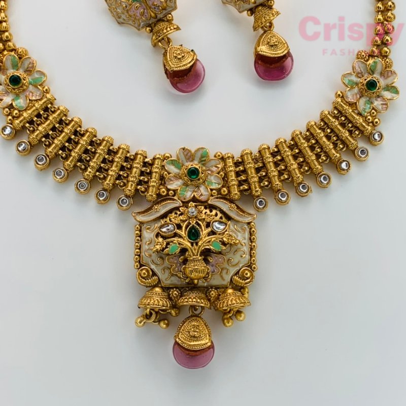 Traditional Meenakari Brass Golden Polished Choker Necklace Set with Earrings