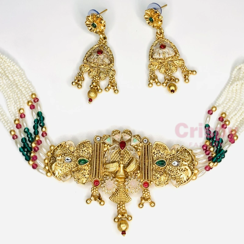 Golden Polished Pearl & Kundan Choker Set with Earrings
