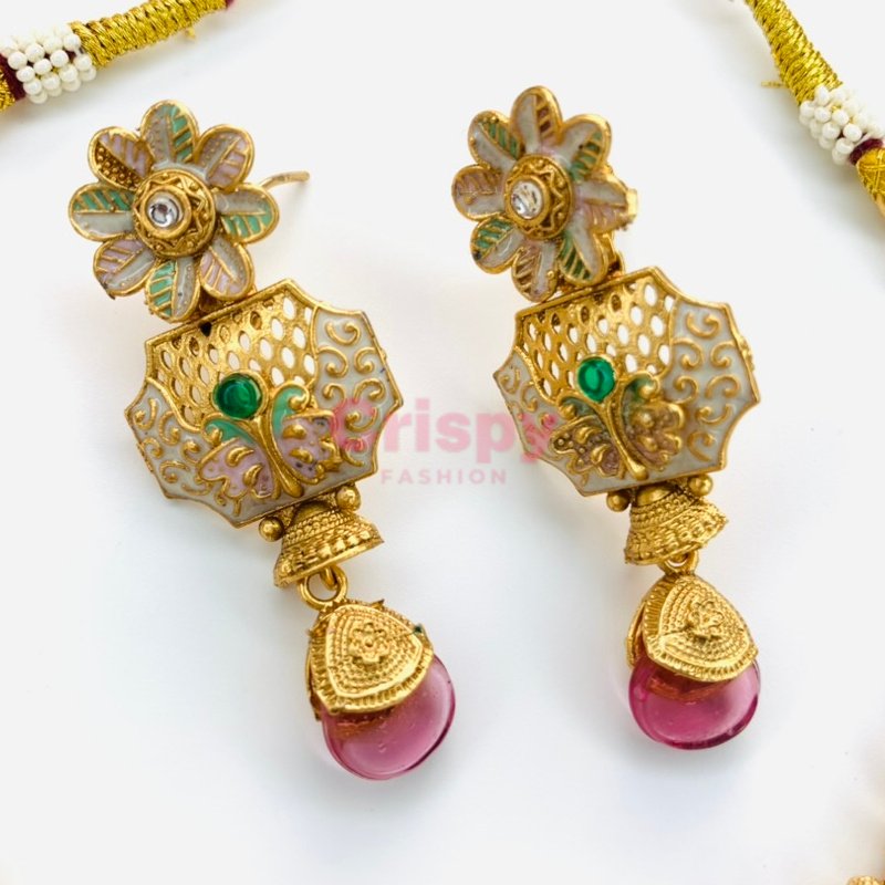 Traditional Meenakari Brass Golden Polished Choker Necklace Set with Earrings