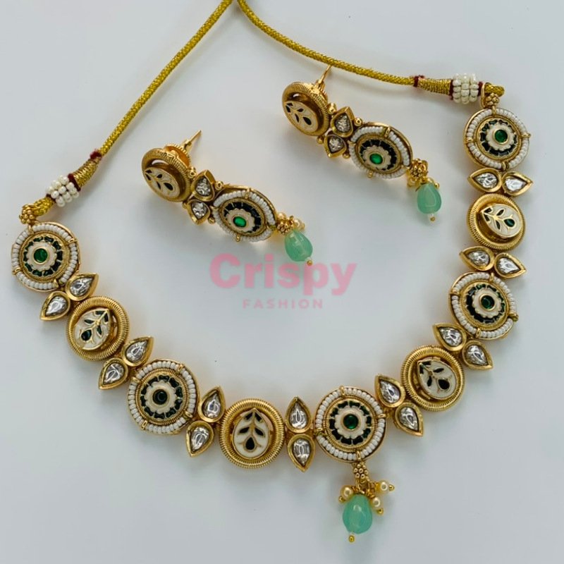 Traditional Meenakari Brass Gold Plated Choker Necklace Set with Earrings