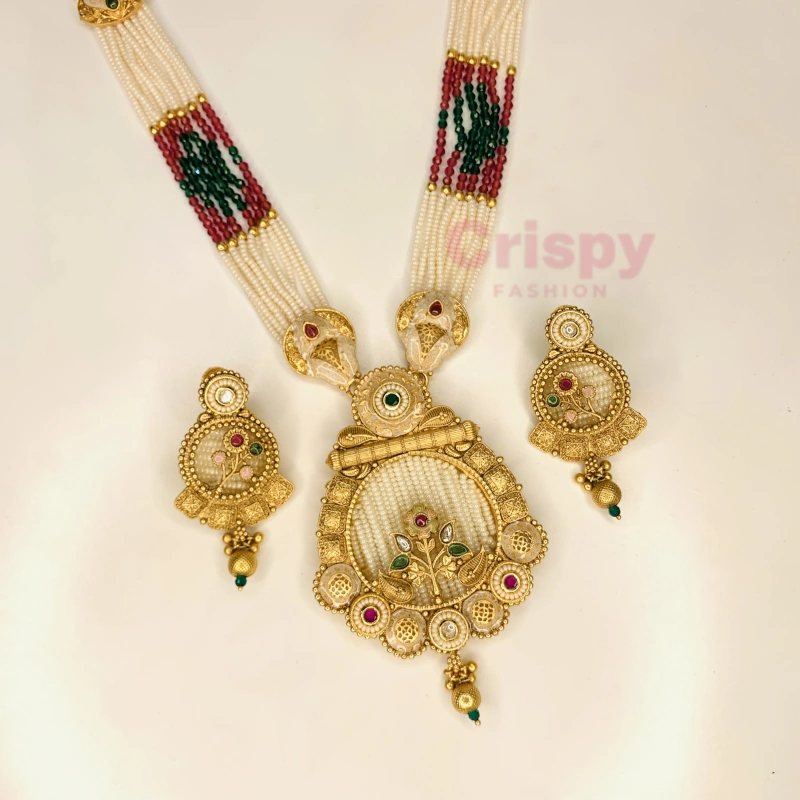 Multi-Strand Pearl Rajwadi Long Necklace with Meenakari Pendant