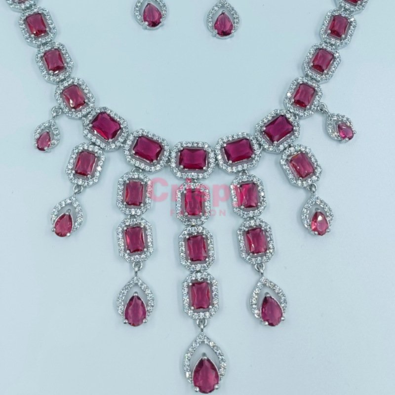 Elegant American Diamond and Emerald Pink Stone Necklace and Earring Set