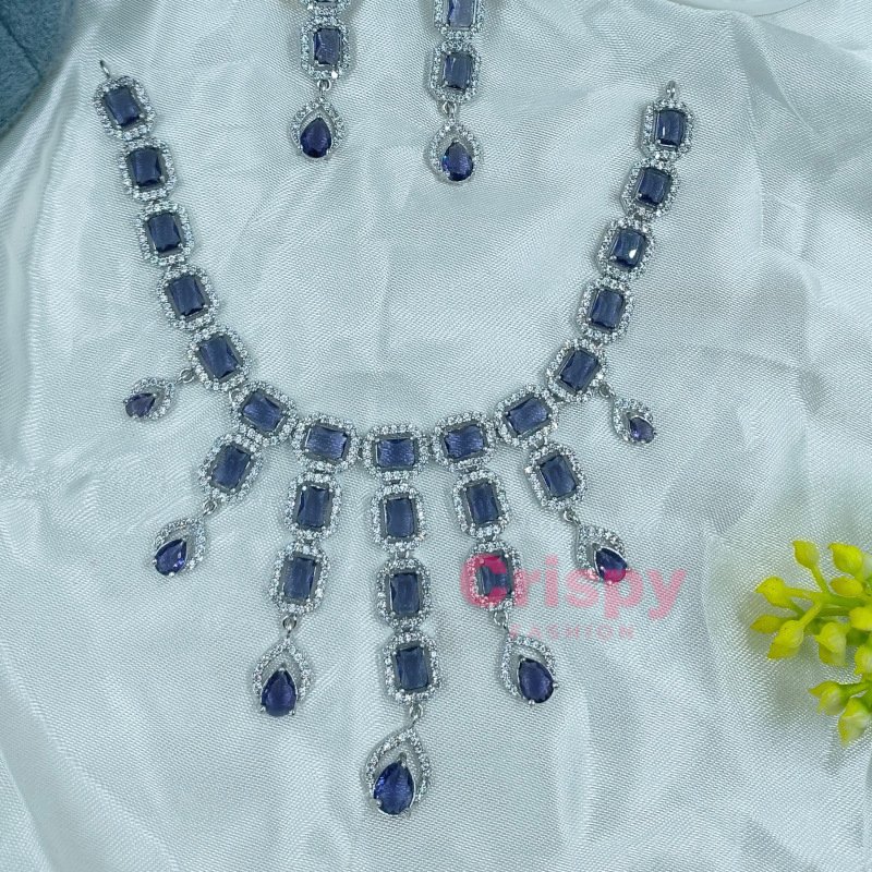 Elegant American Diamond and Emerald Green Stone Necklace and Earring Set