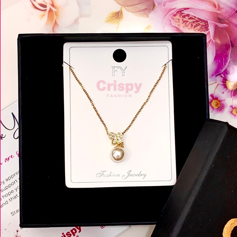 Butterfly Pendant Necklace with Pearl Drop