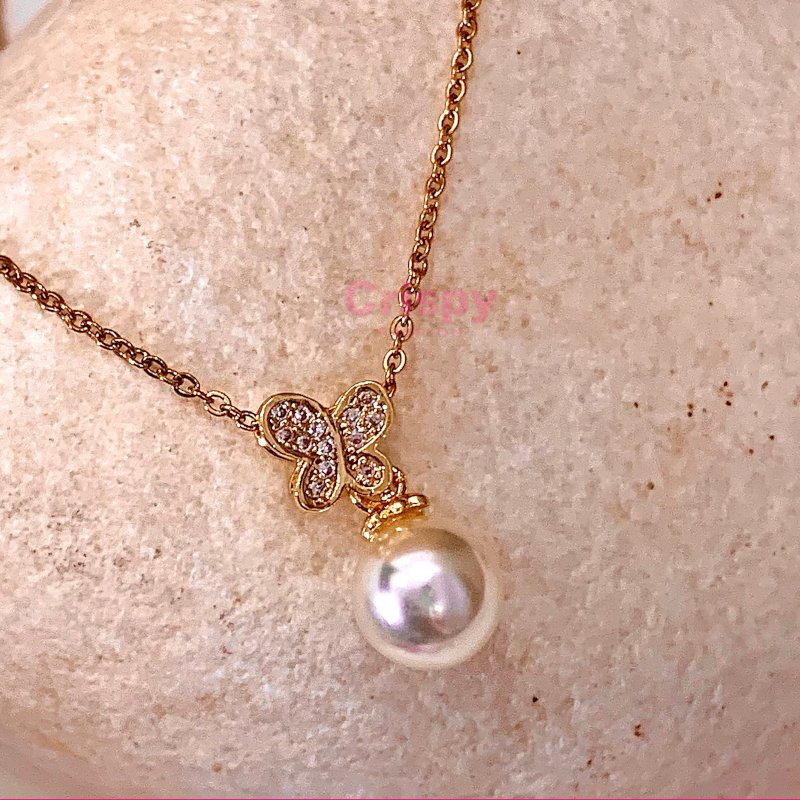 Butterfly Pendant Necklace with Pearl Drop