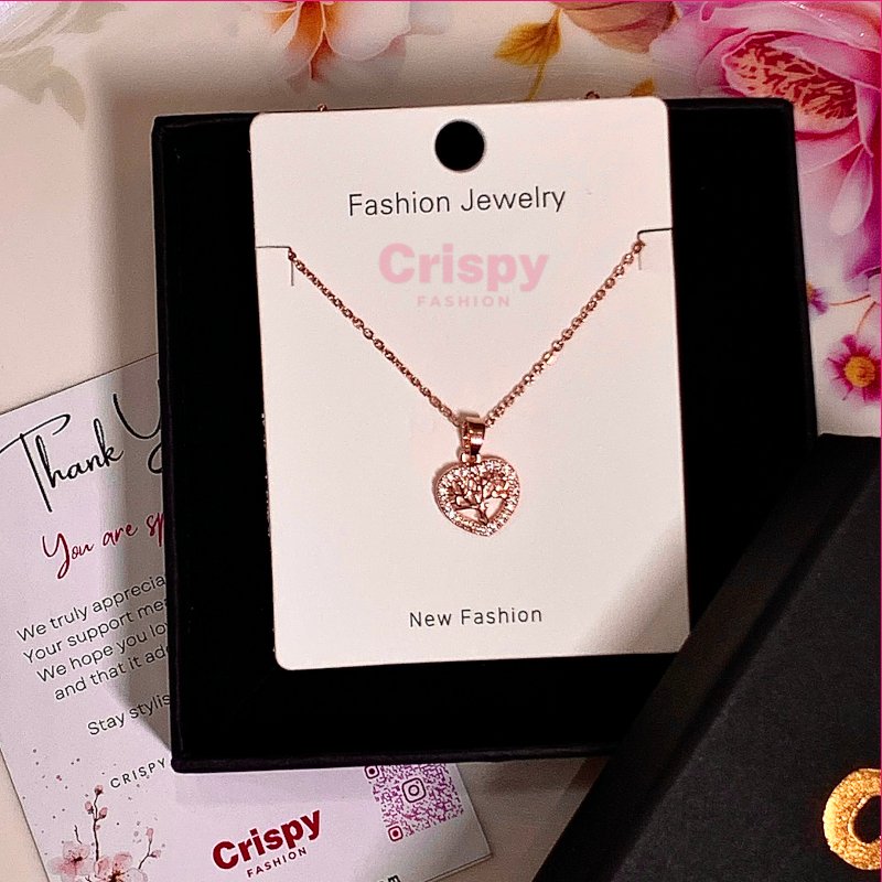 Rose Gold Stainless Steel Tree of Life Heart Necklace with American Diamonds