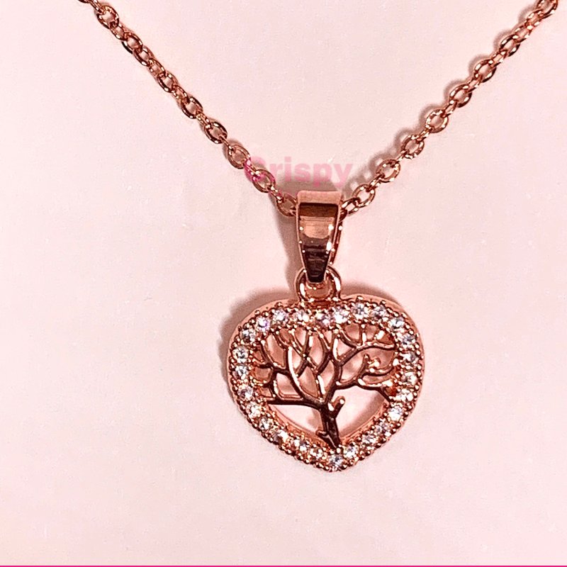Rose Gold Stainless Steel Tree of Life Heart Necklace with American Diamonds