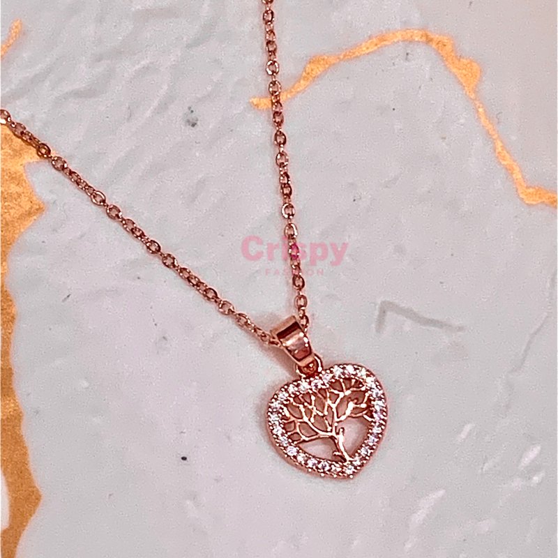 Rose Gold Stainless Steel Tree of Life Heart Necklace with American Diamonds