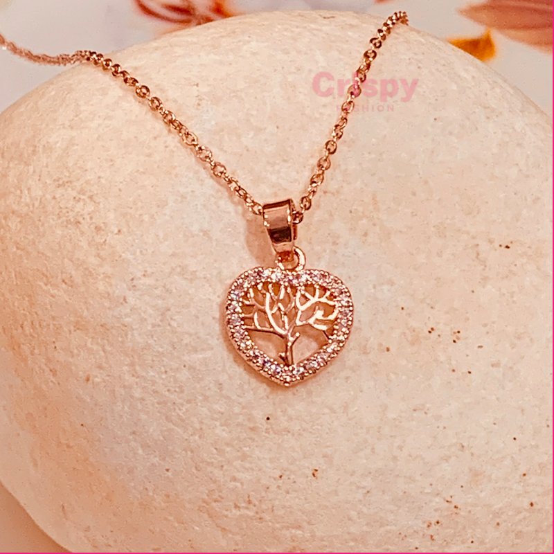 Rose Gold Stainless Steel Tree of Life Heart Necklace with American Diamonds