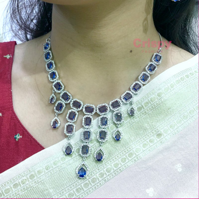 Elegant American Diamond and Emerald Green Stone Necklace and Earring Set