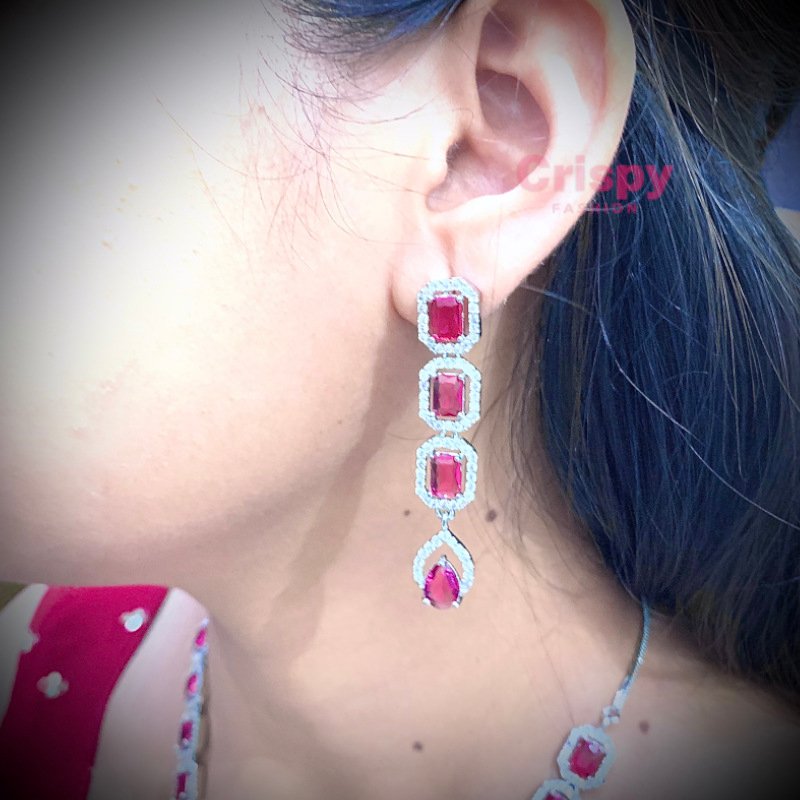 Elegant American Diamond and Emerald Pink Stone Necklace and Earring Set