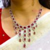 Elegant American Diamond and Emerald Pink Stone Necklace and Earring Set