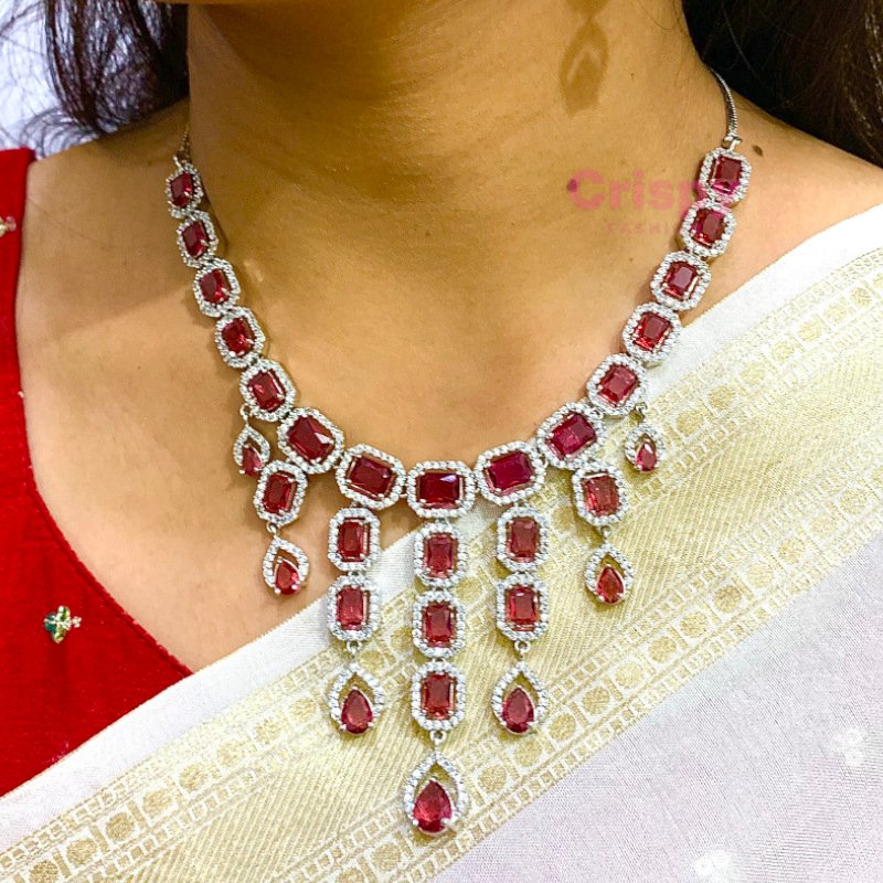 Elegant American Diamond and Emerald Pink Stone Necklace and Earring Set