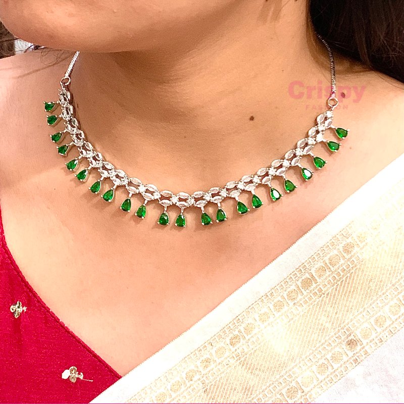 Elegant American Diamond and Emerald Green Stone Necklace and Earring Set