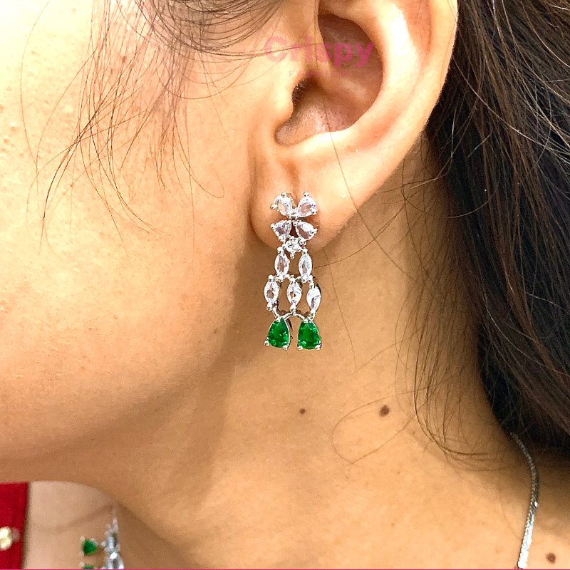 Elegant American Diamond and Emerald Green Stone Necklace and Earring Set