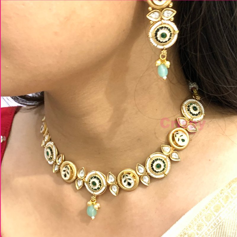Traditional Meenakari Brass Gold Plated Choker Necklace Set with Earrings
