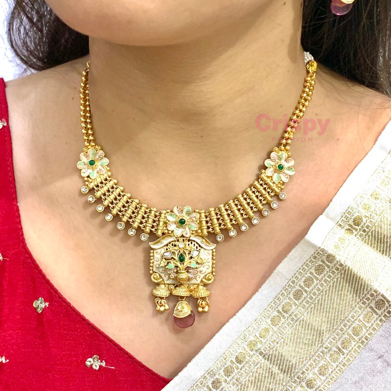 Traditional Meenakari Brass Golden Polished Choker Necklace Set with Earrings